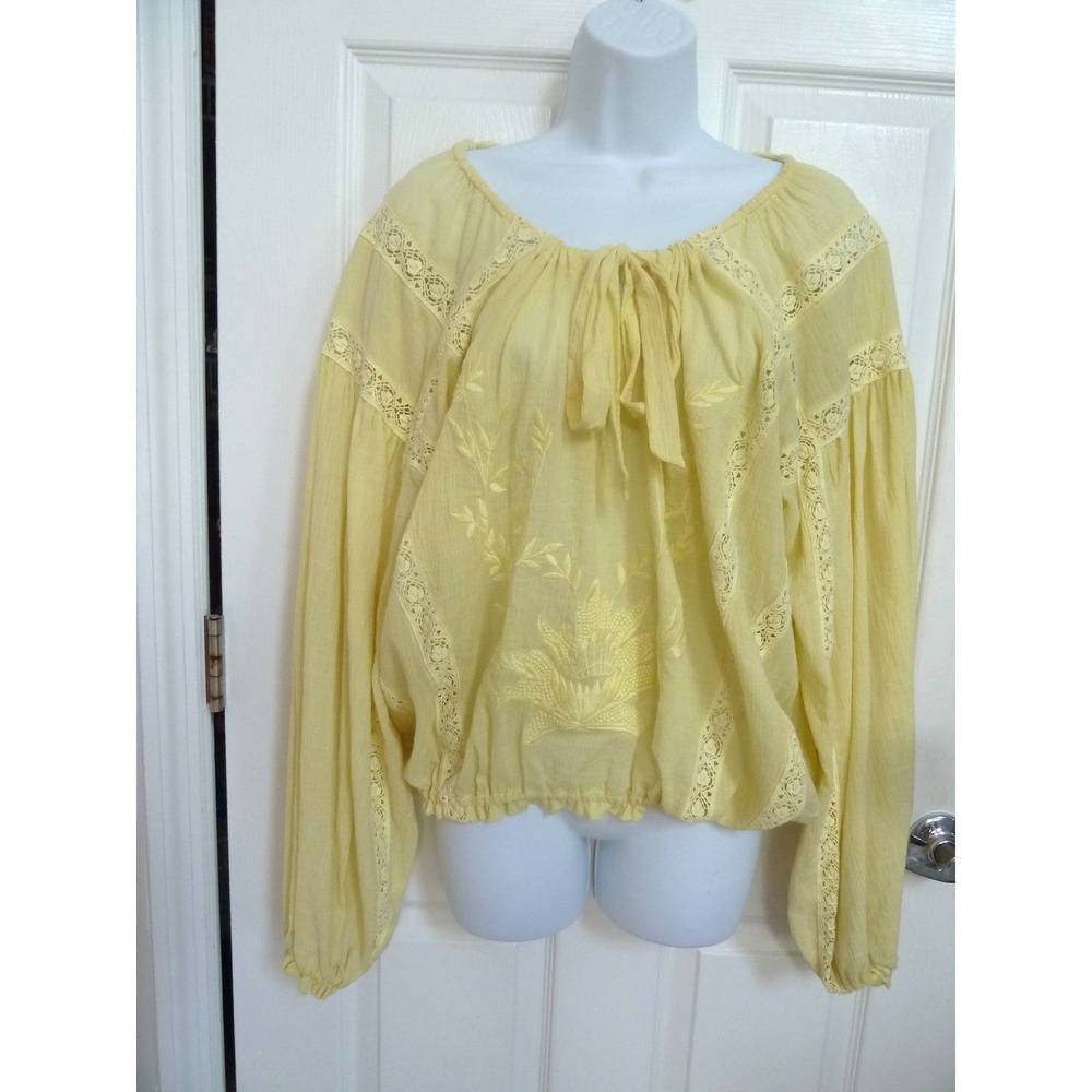 Free People Maria Embroidered Peasant Blouse Yellow Boho Oversized Small S 4/6